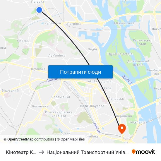 Кінотеатр Кадр to Національний Транспортний Університет map