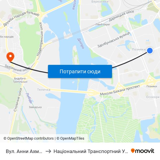Вул. Анни Ахматової to Національний Транспортний Університет map