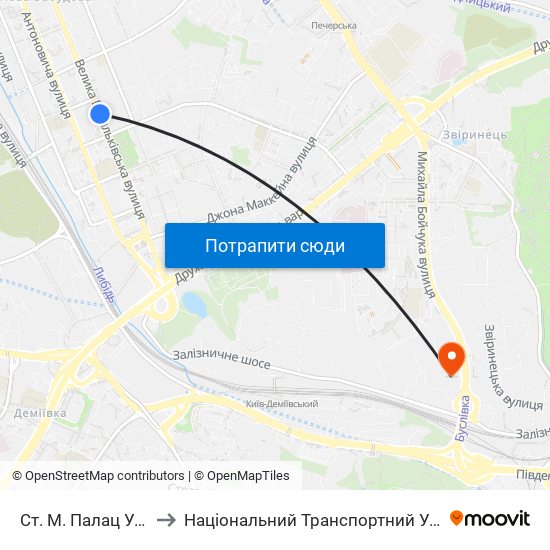 Ст. М. Палац Україна to Національний Транспортний Університет map