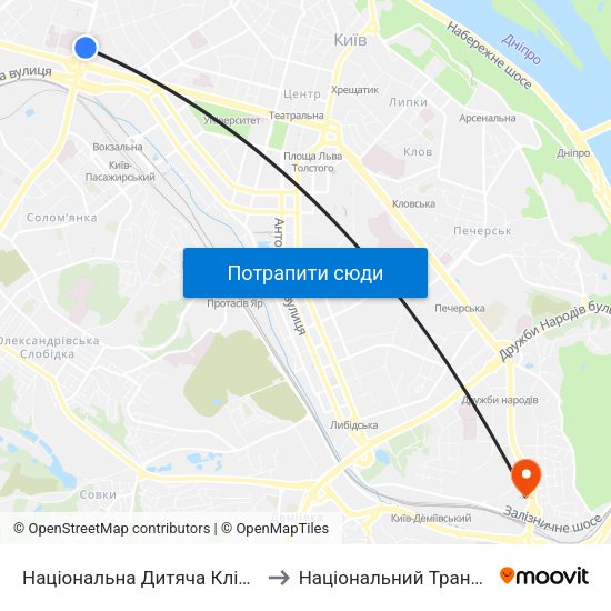 Національна Дитяча Клінічна Лікарня ""Охматдит"" to Національний Транспортний Університет map