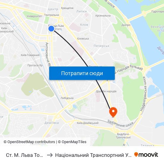 Ст. М. Льва Толстого to Національний Транспортний Університет map