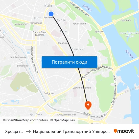Хрещатик to Національний Транспортний Університет map