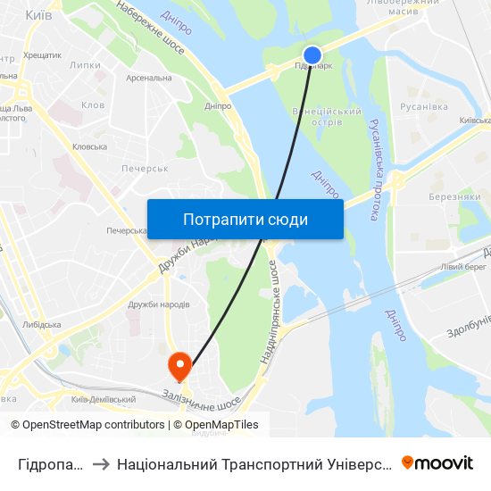 Гідропарк to Національний Транспортний Університет map