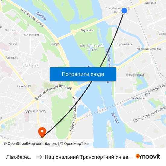 Лівобережна to Національний Транспортний Університет map