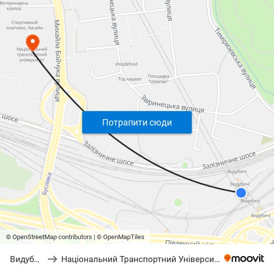 Видубичі to Національний Транспортний Університет map