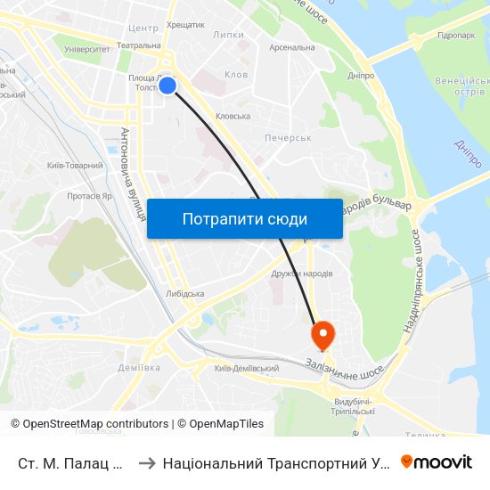 Ст. М. Палац Спорту to Національний Транспортний Університет map