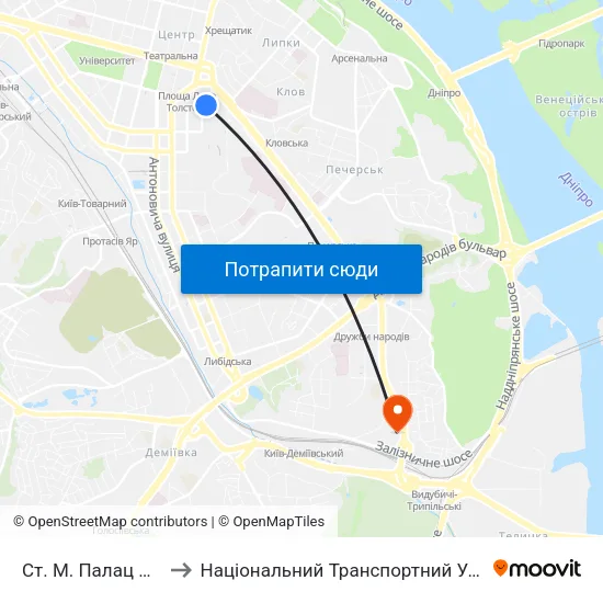 Ст. М. Палац Спорту to Національний Транспортний Університет map