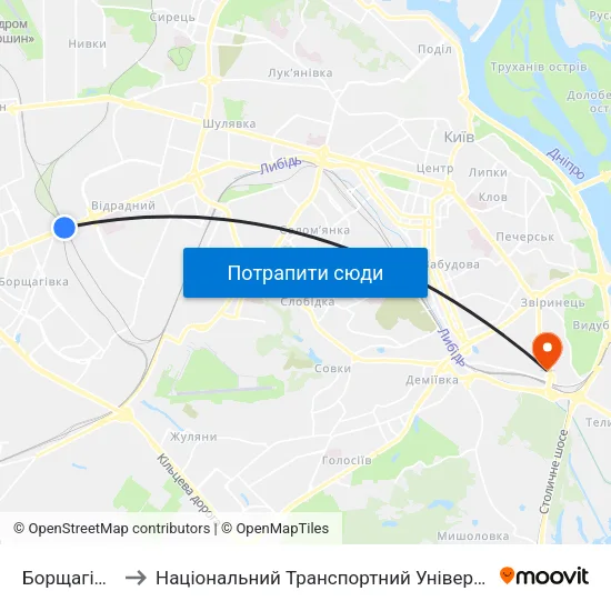 Борщагівка to Національний Транспортний Університет map