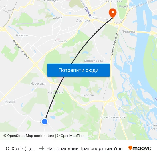 С. Хотів (Центр) to Національний Транспортний Університет map