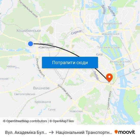 Вул. Академіка Булаховського to Національний Транспортний Університет map