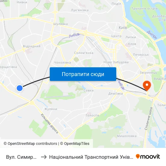 Вул. Симиренка to Національний Транспортний Університет map