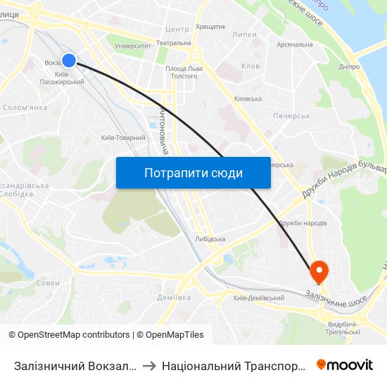 Залізничний Вокзал Центральний to Національний Транспортний Університет map