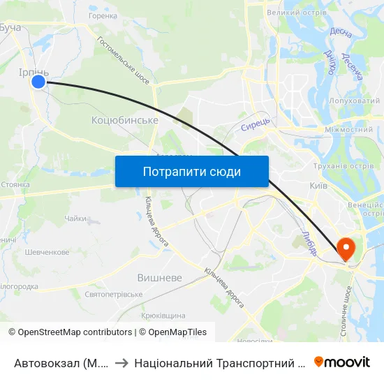 Автовокзал (М. Ірпінь) to Національний Транспортний Університет map