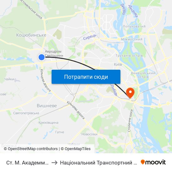 Ст. М. Академмістечко to Національний Транспортний Університет map