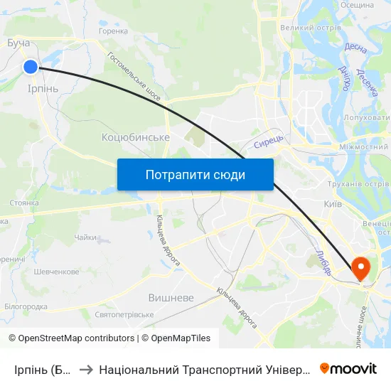 Ірпінь (Бкз) to Національний Транспортний Університет map