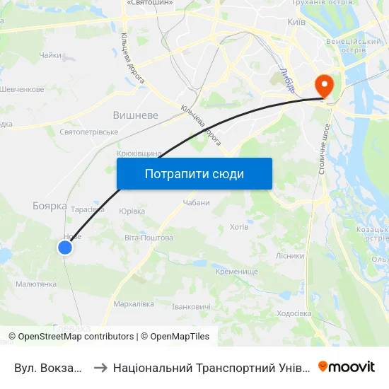 Вул. Вокзальна to Національний Транспортний Університет map