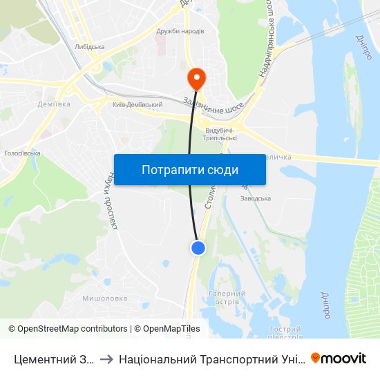 Цементний Завод to Національний Транспортний Університет map