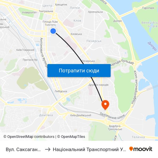 Вул. Саксаганського to Національний Транспортний Університет map