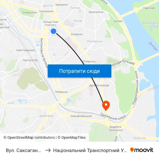 Вул. Саксаганського to Національний Транспортний Університет map