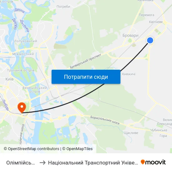 Олімпійська-2 to Національний Транспортний Університет map