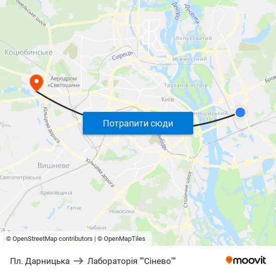 Пл. Дарницька to Лабораторія ""Сінево"" map