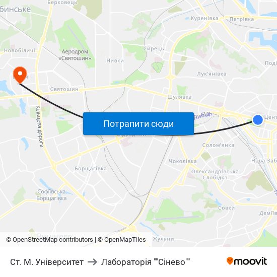 Ст. М. Університет to Лабораторія ""Сінево"" map