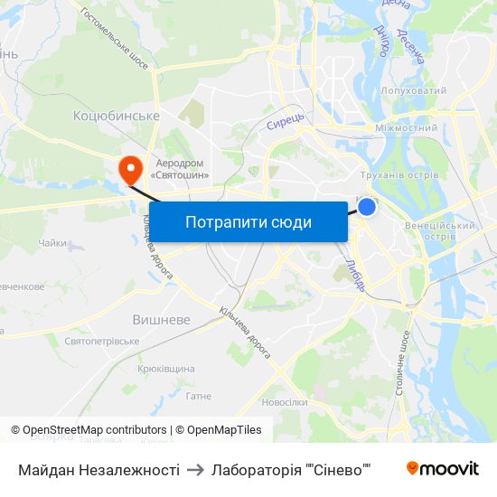 Майдан Незалежності to Лабораторія ""Сінево"" map