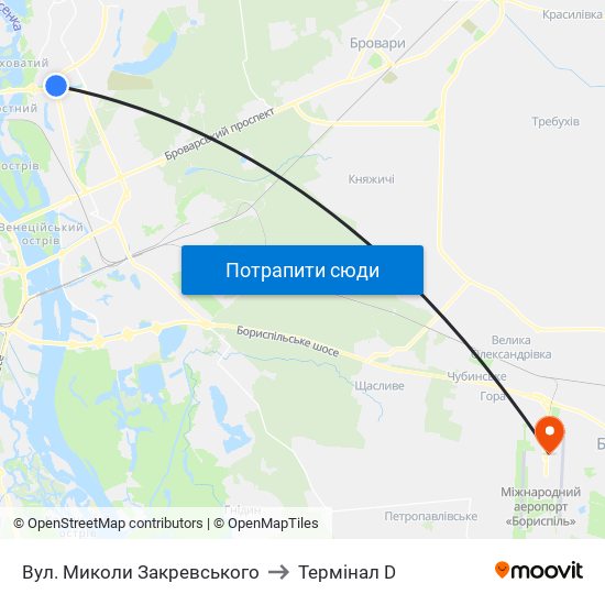 Вул. Миколи Закревського to Термінал D map