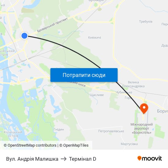 Вул. Андрія Малишка to Термінал D map