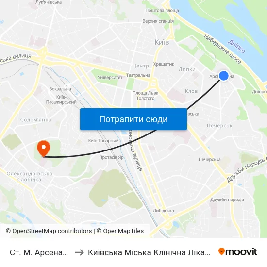 Ст. М. Арсенальна to Київська Міська Клінічна Лікарня № 4 map