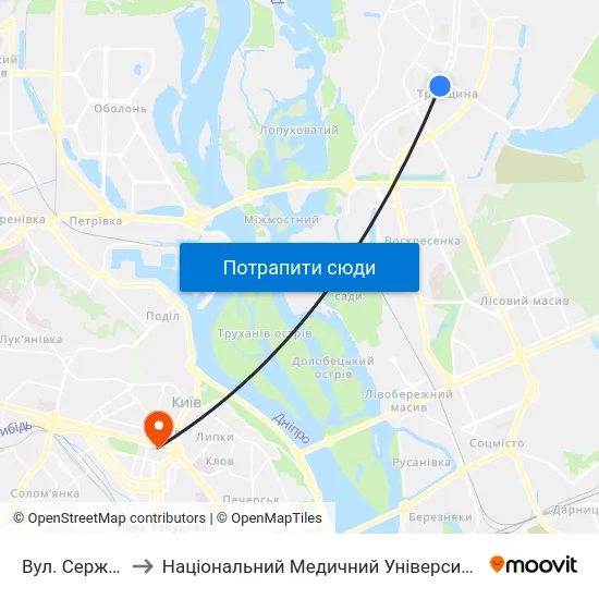 Вул. Сержа Лифаря to Національний Медичний Університет Імені О. О. Богомольця map