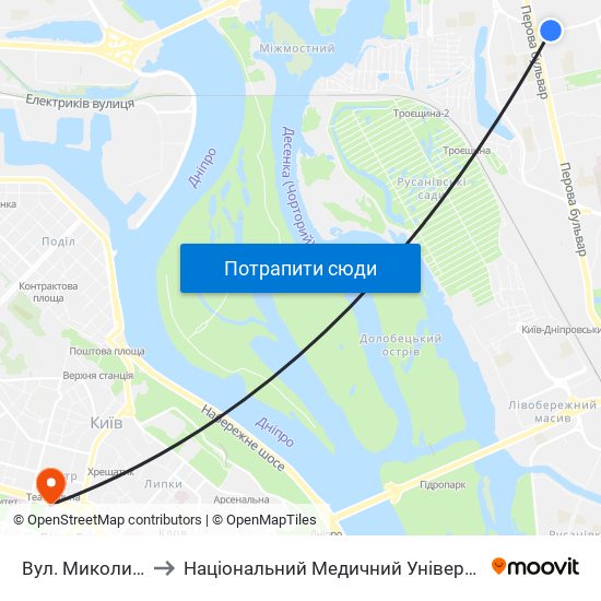 Вул. Миколи Кибальчича to Національний Медичний Університет Імені О. О. Богомольця map