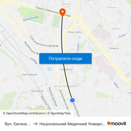 Вул. Євгена Коновальця to Національний Медичний Університет Імені О. О. Богомольця map