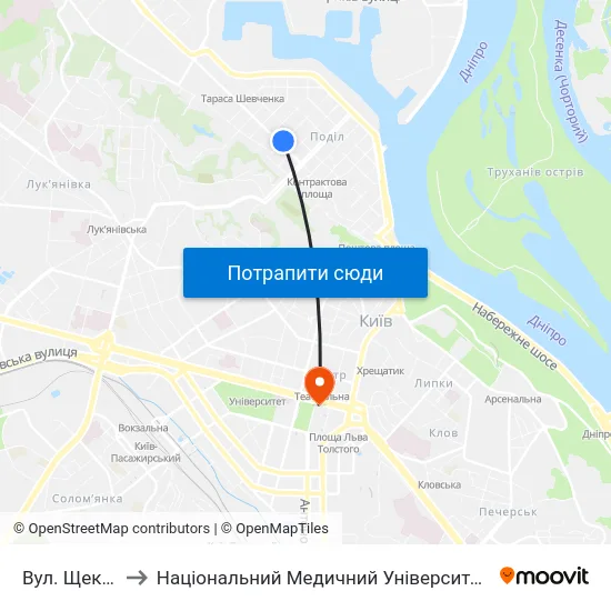 Вул. Щекавицька to Національний Медичний Університет Імені О. О. Богомольця map