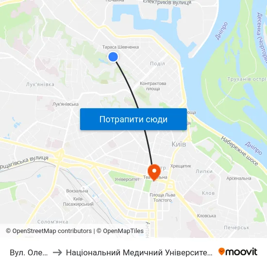 Вул. Оленівська to Національний Медичний Університет Імені О. О. Богомольця map