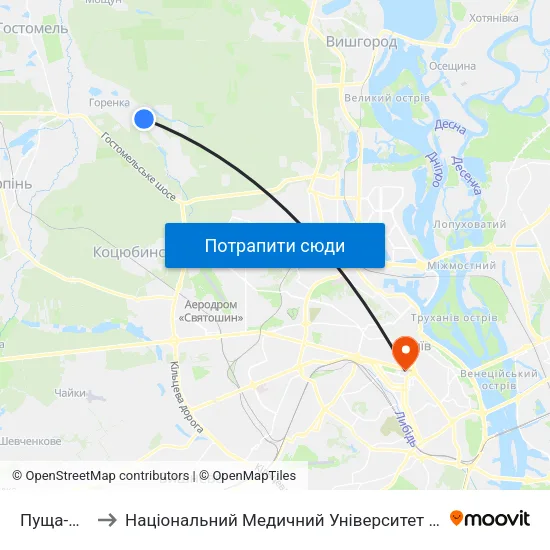 Пуща-Водиця to Національний Медичний Університет Імені О. О. Богомольця map