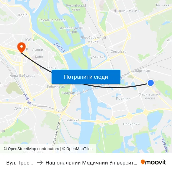Вул. Тростянецька to Національний Медичний Університет Імені О. О. Богомольця map