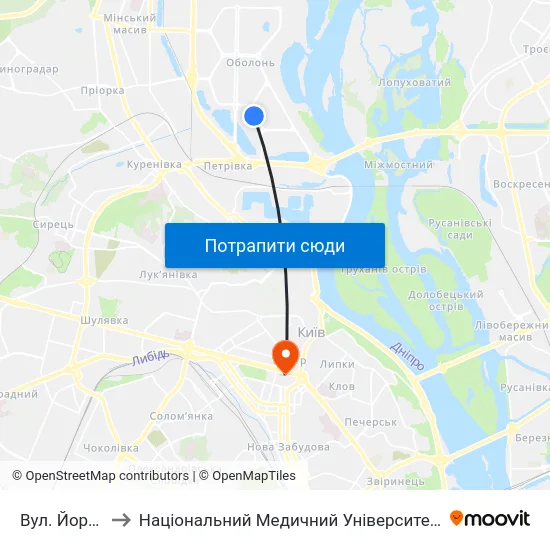 Вул. Йорданська to Національний Медичний Університет Імені О. О. Богомольця map