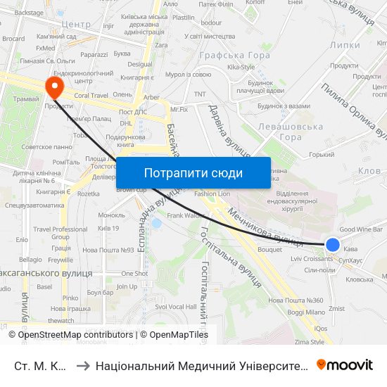 Ст. М. Кловська to Національний Медичний Університет Імені О. О. Богомольця map