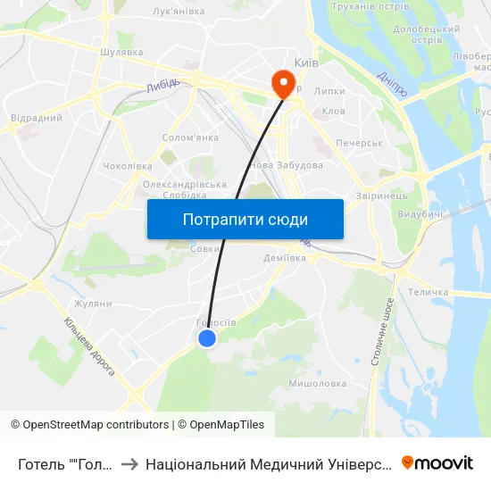 Готель ""Голосіївський"" to Національний Медичний Університет Імені О. О. Богомольця map