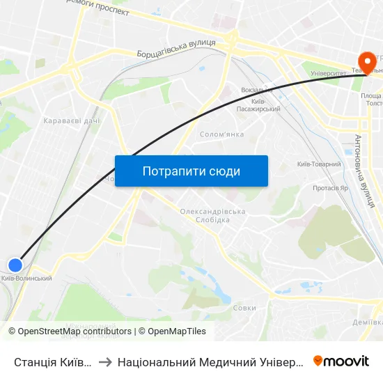 Станція Київ-Волинський to Національний Медичний Університет Імені О. О. Богомольця map