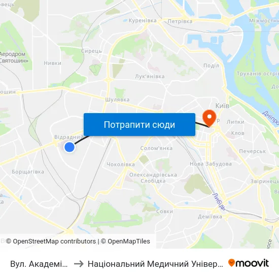Вул. Академіка Стражеска to Національний Медичний Університет Імені О. О. Богомольця map