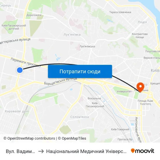 Вул. Вадима Гетьмана to Національний Медичний Університет Імені О. О. Богомольця map
