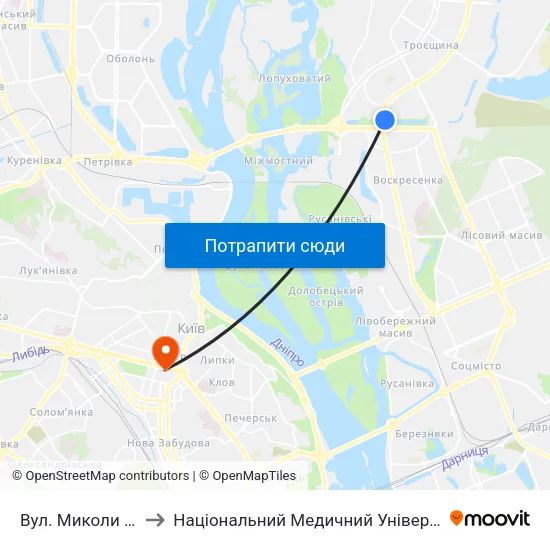 Вул. Миколи Закревського to Національний Медичний Університет Імені О. О. Богомольця map