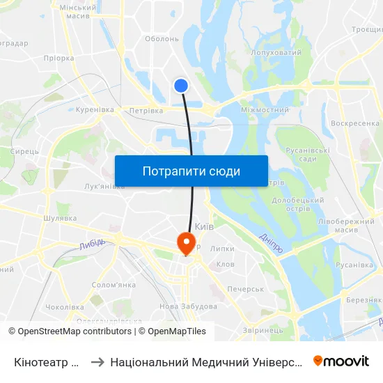 Кінотеатр Братислава to Національний Медичний Університет Імені О. О. Богомольця map