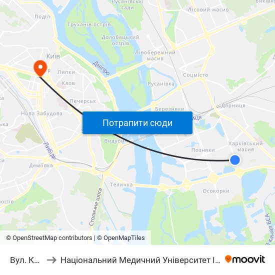 Вул. Кошиця to Національний Медичний Університет Імені О. О. Богомольця map