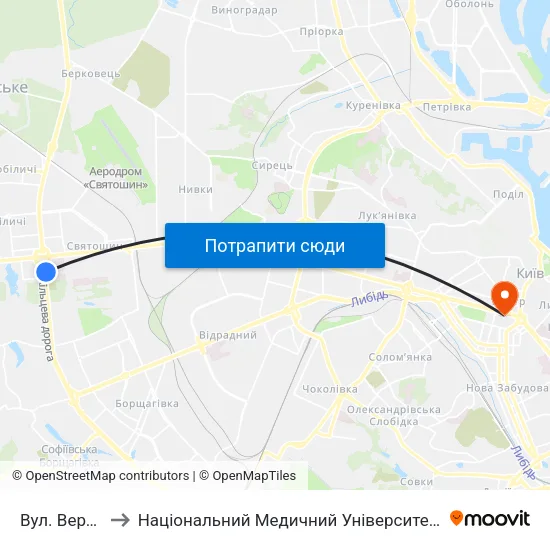 Вул. Верховинна to Національний Медичний Університет Імені О. О. Богомольця map