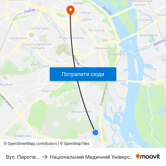 Вул. Пирогівський Шлях to Національний Медичний Університет Імені О. О. Богомольця map
