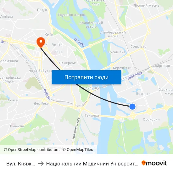 Вул. Княжий Затон to Національний Медичний Університет Імені О. О. Богомольця map