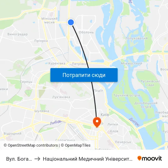 Вул. Богатирська to Національний Медичний Університет Імені О. О. Богомольця map